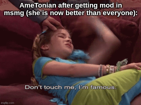 . | AmeTonian after getting mod in msmg (she is now better than everyone): | image tagged in don't touch me i'm famous | made w/ Imgflip meme maker