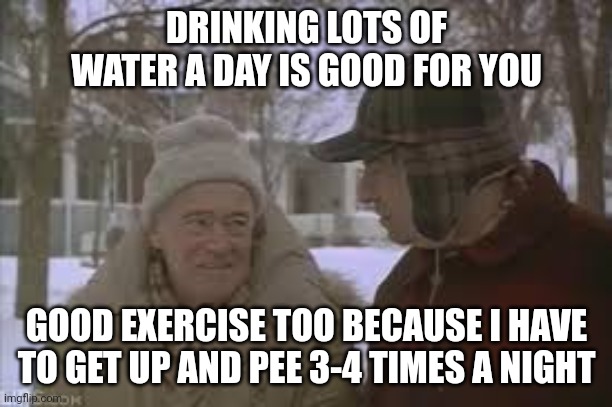 Good Hydration | DRINKING LOTS OF WATER A DAY IS GOOD FOR YOU; GOOD EXERCISE TOO BECAUSE I HAVE TO GET UP AND PEE 3-4 TIMES A NIGHT | image tagged in water,exercise,grumpy old men | made w/ Imgflip meme maker