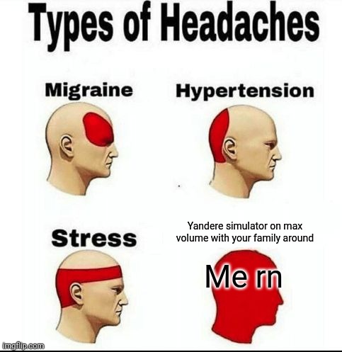 My parents do NOT like me playing these games | Yandere simulator on max volume with your family around; Me rn | image tagged in types of headaches meme,yandere simulator | made w/ Imgflip meme maker