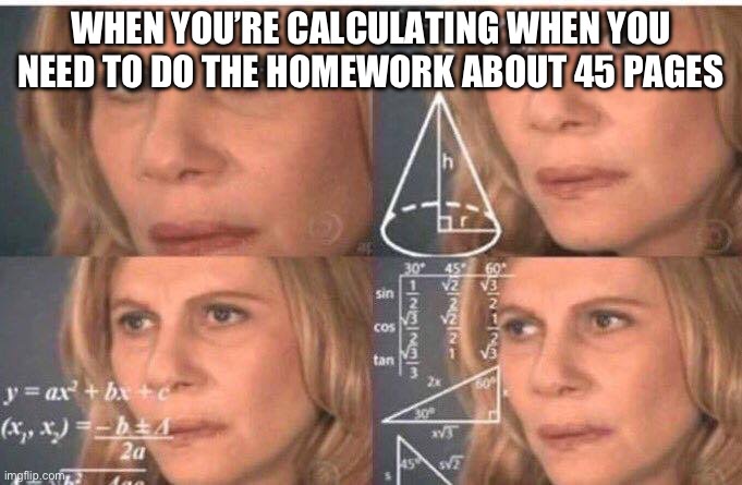 Homework | WHEN YOU’RE CALCULATING WHEN YOU NEED TO DO THE HOMEWORK ABOUT 45 PAGES | image tagged in math lady/confused lady,homework,school,teachers,students,funny | made w/ Imgflip meme maker