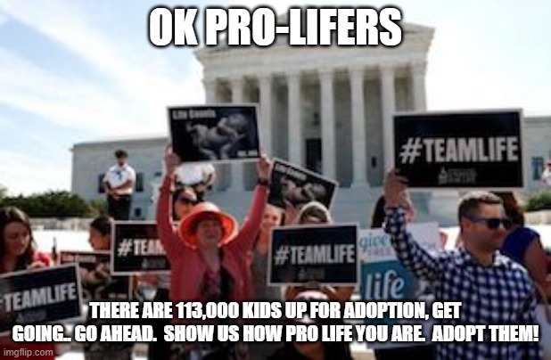 Pro Lifers | OK PRO-LIFERS; THERE ARE 113,000 KIDS UP FOR ADOPTION, GET GOING.. GO AHEAD.  SHOW US HOW PRO LIFE YOU ARE.  ADOPT THEM! | image tagged in pro-life demonstrators | made w/ Imgflip meme maker