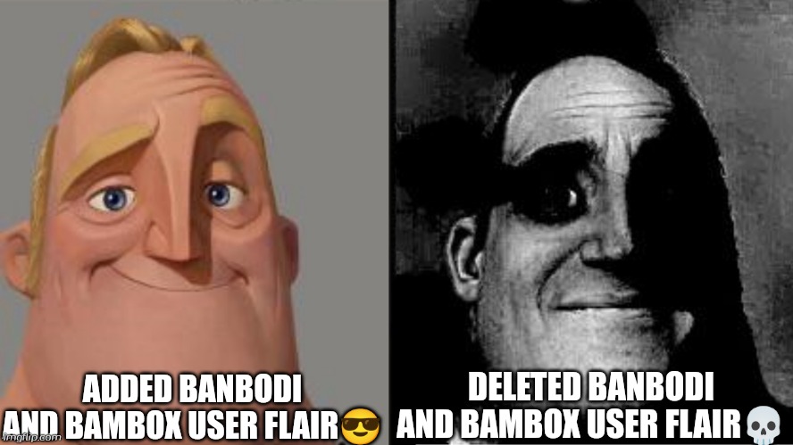 Banbodi and Bambox user flair got deleted by r/daveandbambi | ADDED BANBODI AND BAMBOX USER FLAIR😎; DELETED BANBODI AND BAMBOX USER FLAIR💀 | image tagged in traumatized mr incredible,reddit,banbodi | made w/ Imgflip meme maker