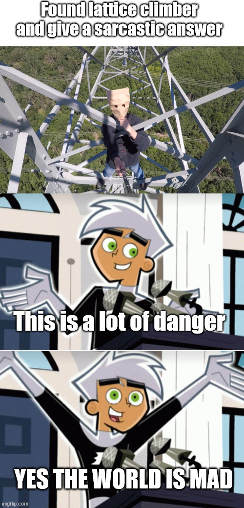 Danny found a lattice climber | Found lattice climber and give a sarcastic answer; This is a lot of danger; YES THE WORLD IS MAD | image tagged in futurama,danny phantom,lattice climber,sarcasm,tower,meme | made w/ Imgflip meme maker