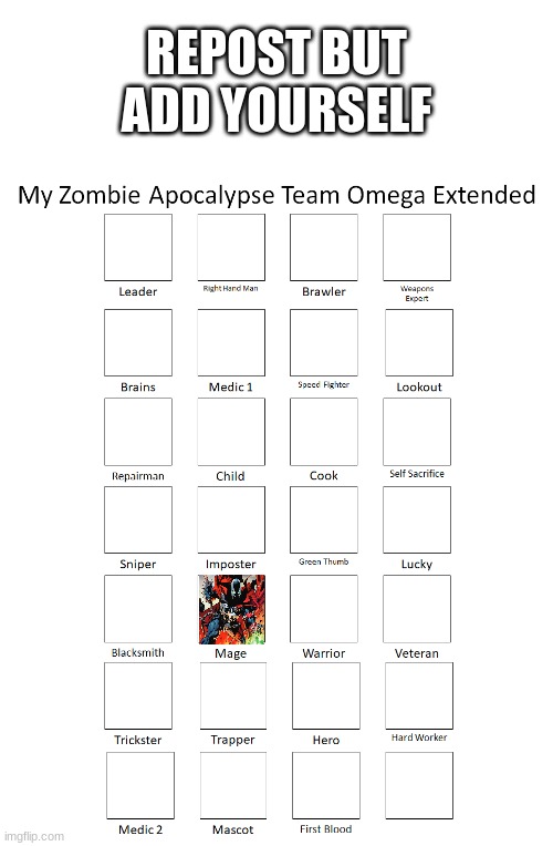 My Zombie Apocalypse Team Omega Extended | REPOST BUT ADD YOURSELF | image tagged in my zombie apocalypse team omega extended | made w/ Imgflip meme maker