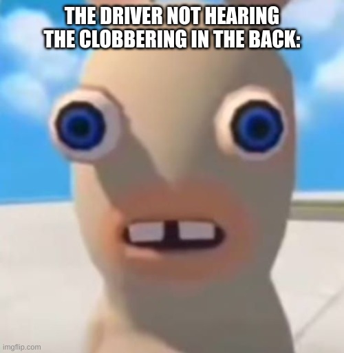 Idiot Rabbid | THE DRIVER NOT HEARING THE CLOBBERING IN THE BACK: | image tagged in idiot rabbid | made w/ Imgflip meme maker