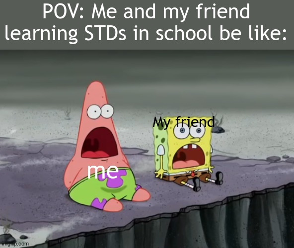 MY EYES | POV: Me and my friend learning STDs in school be like:; My friend; me | image tagged in suprised patrick and spongebob | made w/ Imgflip meme maker