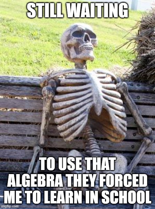 still waiting | STILL WAITING; TO USE THAT ALGEBRA THEY FORCED ME TO LEARN IN SCHOOL | image tagged in memes,waiting skeleton | made w/ Imgflip meme maker