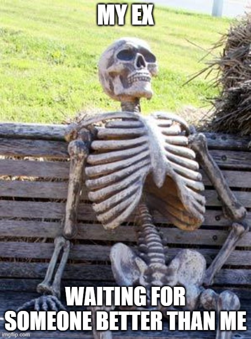 it's my fault but it's not | MY EX; WAITING FOR SOMEONE BETTER THAN ME | image tagged in memes,waiting skeleton | made w/ Imgflip meme maker