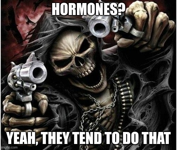Badass Skeleton | HORMONES? YEAH, THEY TEND TO DO THAT | image tagged in badass skeleton | made w/ Imgflip meme maker
