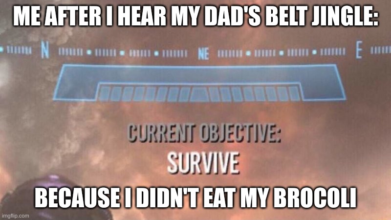 HyperSnipe11 | ME AFTER I HEAR MY DAD'S BELT JINGLE:; BECAUSE I DIDN'T EAT MY BROCOLI | image tagged in current objective survive | made w/ Imgflip meme maker