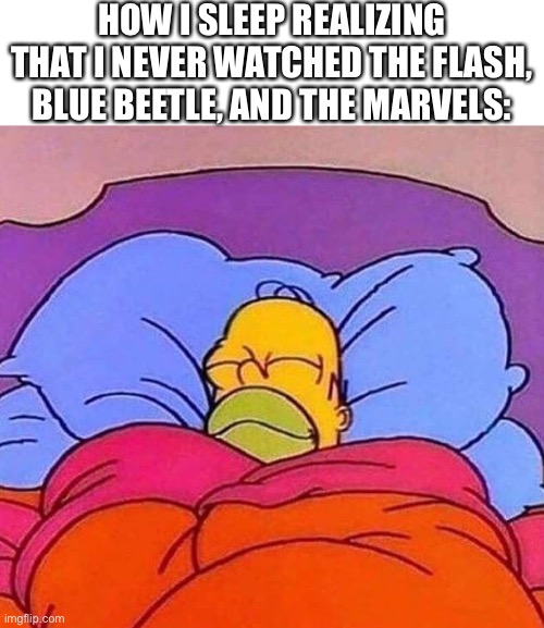 Homer Simpson sleeping peacefully | HOW I SLEEP REALIZING THAT I NEVER WATCHED THE FLASH, BLUE BEETLE, AND THE MARVELS: | image tagged in homer simpson sleeping peacefully,dc,marvel | made w/ Imgflip meme maker