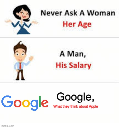 I'm sure Google hates Apple | Google, What they think about Apple | image tagged in never ask a woman her age,google,apple | made w/ Imgflip meme maker