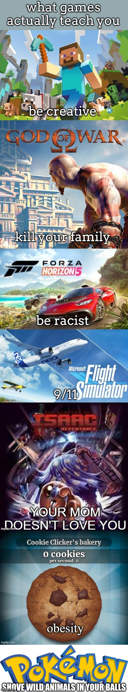 what games actually teach you | SHOVE WILD ANIMALS IN YOUR BALLS | made w/ Imgflip meme maker