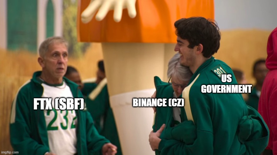 Squid Game WTF? | US GOVERNMENT; FTX (SBF); BINANCE (CZ) | image tagged in squid game,netflix,wtf,shocked,lol | made w/ Imgflip meme maker