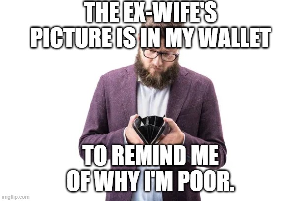 Ex-wife | THE EX-WIFE'S PICTURE IS IN MY WALLET; TO REMIND ME OF WHY I'M POOR. | image tagged in why i'm poor | made w/ Imgflip meme maker