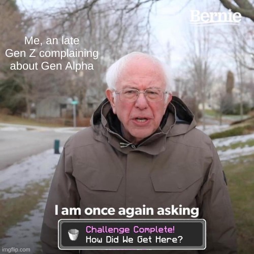 Bernie I Am Once Again Asking For Your Support Meme | Me, an late Gen Z complaining about Gen Alpha | image tagged in memes,bernie i am once again asking for your support | made w/ Imgflip meme maker