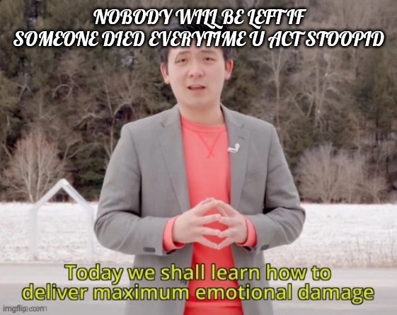 maximum emotional damage | NOBODY WILL BE LEFT IF SOMEONE DIED EVERYTIME U ACT STOOPID | image tagged in maximum emotional damage | made w/ Imgflip meme maker