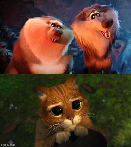 Wolves from Storks find Puss in Boots Adorable | image tagged in big eyes,cats,wolves,warner bros,dreamworks,shrek 2 | made w/ Imgflip meme maker