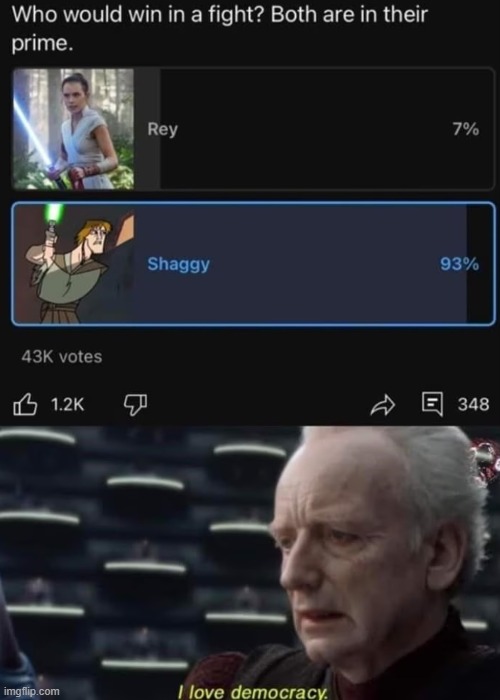 i don't remember where i found this | image tagged in memes,star wars,shaggy,rey,i love democracy | made w/ Imgflip meme maker