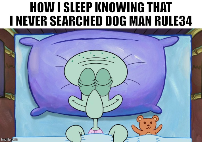 squidward sleeping peacefully | HOW I SLEEP KNOWING THAT I NEVER SEARCHED DOG MAN RULE34 | image tagged in squidward sleeping peacefully | made w/ Imgflip meme maker