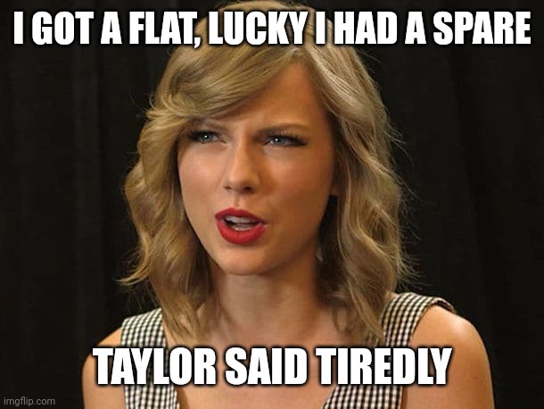 Taylor said tiredly | I GOT A FLAT, LUCKY I HAD A SPARE; TAYLOR SAID TIREDLY | image tagged in taylor swiftie | made w/ Imgflip meme maker