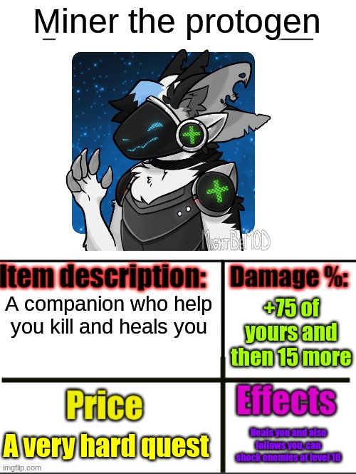 lol | Miner the protogen; A companion who help you kill and heals you; +75 of yours and then 15 more; A very hard quest; Heals you and also follows you, can shock enemies at level 10 | image tagged in item-shop extended,protogen | made w/ Imgflip meme maker