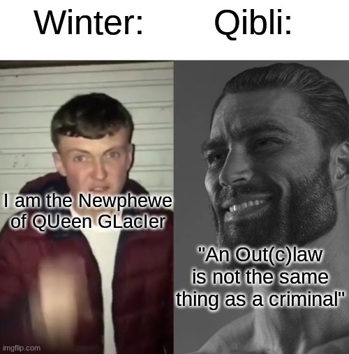 idk | Qibli:; Winter:; I am the Newphewe of QUeen GLacIer; "An Out(c)law is not the same thing as a criminal" | image tagged in average fan vs average enjoyer | made w/ Imgflip meme maker