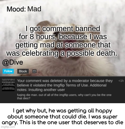 In case you don't know, the user is what_are_you. (bazinga note: i can beleve that) | Mad; I got comment banned for 8 hours, because I was getting mad at someone that was celebrating a possible death. I get why but, he was getting all happy about someone that could die. I was super angry. This is the one user that deserves to die | image tagged in dive's announcement template,dive | made w/ Imgflip meme maker