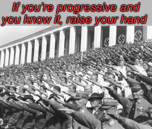 Not much has changed | If you’re progressive and you know it, raise your hand | image tagged in nazis salute lots,politics lol,memes,progressives | made w/ Imgflip meme maker