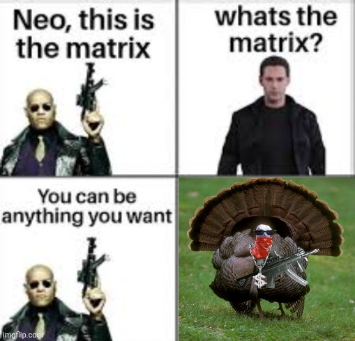 Gangsta Turkey | image tagged in neo this is the matrix,gangsta turkey,turkeys,turkey,memes,gun | made w/ Imgflip meme maker