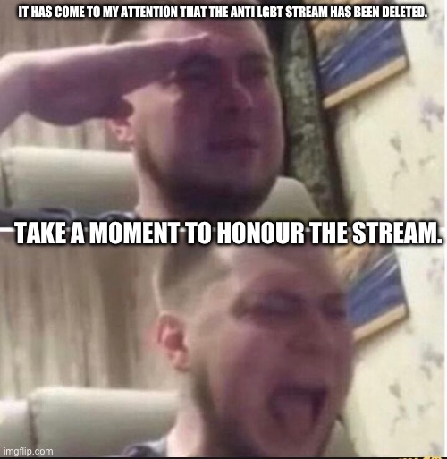 You will be missed by many | IT HAS COME TO MY ATTENTION THAT THE ANTI LGBT STREAM HAS BEEN DELETED. TAKE A MOMENT TO HONOUR THE STREAM. | image tagged in crying salute | made w/ Imgflip meme maker