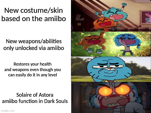 Remembering the good times of amiibo functions | New costume/skin based on the amiibo; New weapons/abilities only unlocked via amiibo; Restores your health and weapons even though you can easily do it in any level; Solaire of Astora amiibo function in Dark Souls | image tagged in memes,funny,video games,nintendo,amiibo,amiibo | made w/ Imgflip meme maker