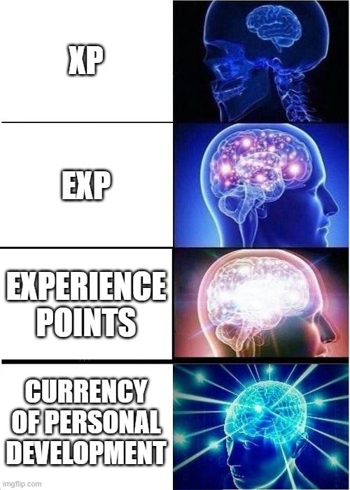 Expanding Brain | XP; EXP; EXPERIENCE POINTS; CURRENCY OF PERSONAL DEVELOPMENT | image tagged in memes,expanding brain | made w/ Imgflip meme maker