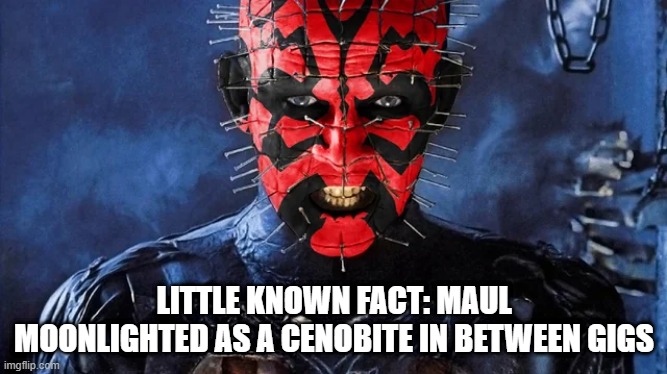 Darth Cenobite | LITTLE KNOWN FACT: MAUL MOONLIGHTED AS A CENOBITE IN BETWEEN GIGS | image tagged in star wars,hellraiser | made w/ Imgflip meme maker