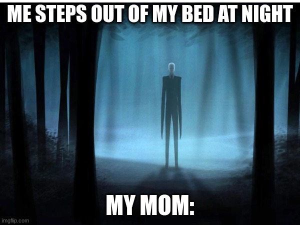 SLENDY | ME STEPS OUT OF MY BED AT NIGHT; MY MOM: | image tagged in horror,memes,lol,slenderman,tags,scary | made w/ Imgflip meme maker
