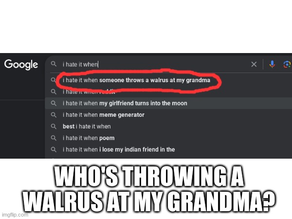 Honestly who is? | WHO'S THROWING A WALRUS AT MY GRANDMA? | image tagged in google search,i hate it when | made w/ Imgflip meme maker