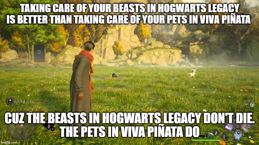 Taking care of your beasts in Hogwarts Legacy | TAKING CARE OF YOUR BEASTS IN HOGWARTS LEGACY IS BETTER THAN TAKING CARE OF YOUR PETS IN VIVA PIÑATA; CUZ THE BEASTS IN HOGWARTS LEGACY DON'T DIE.
THE PETS IN VIVA PIÑATA DO | image tagged in harry potter,hogwarts legacy | made w/ Imgflip meme maker