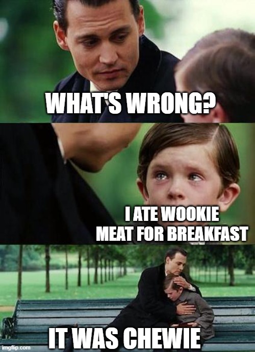*Bruh* | WHAT'S WRONG? I ATE WOOKIE MEAT FOR BREAKFAST; IT WAS CHEWIE | image tagged in crying-boy-on-a-bench | made w/ Imgflip meme maker