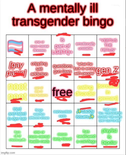 a mentally ill transgender bingo | image tagged in a mentally ill transgender bingo | made w/ Imgflip meme maker