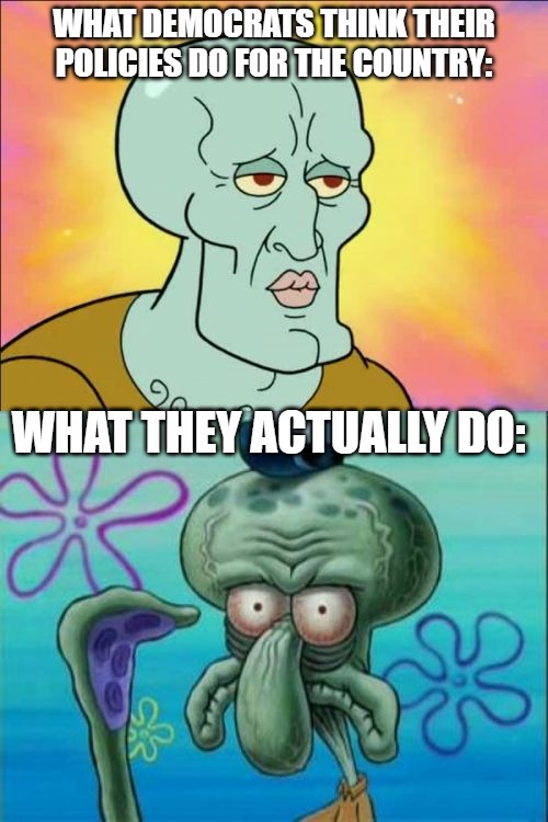 No matter what you tell them, they don't want to listen. | WHAT DEMOCRATS THINK THEIR POLICIES DO FOR THE COUNTRY:; WHAT THEY ACTUALLY DO: | image tagged in memes,squidward | made w/ Imgflip meme maker