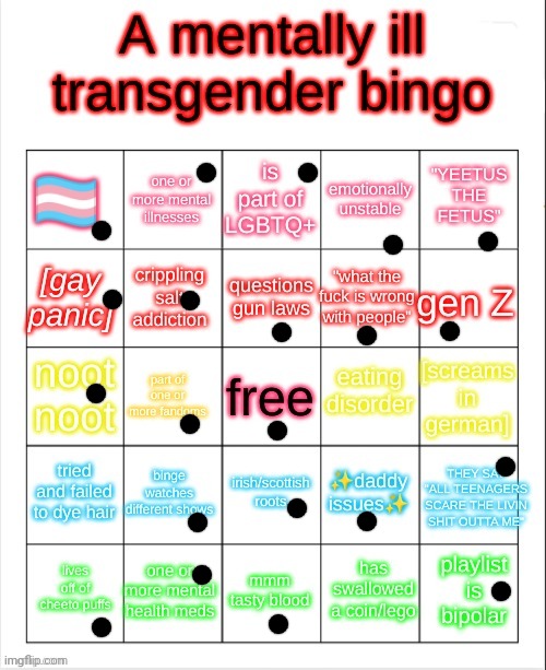 e | image tagged in a mentally ill transgender bingo | made w/ Imgflip meme maker
