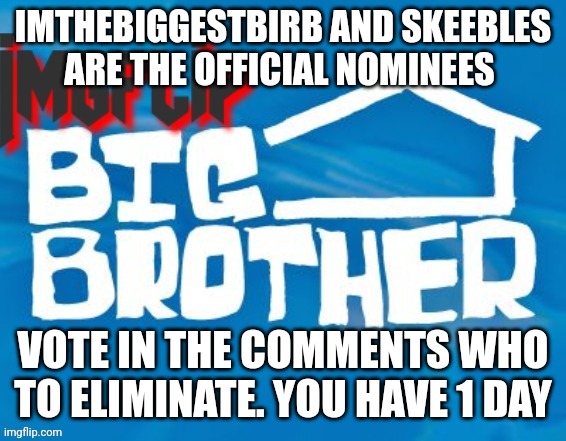 Eviction | IMTHEBIGGESTBIRB AND SKEEBLES ARE THE OFFICIAL NOMINEES; VOTE IN THE COMMENTS WHO TO ELIMINATE. YOU HAVE 1 DAY | image tagged in imgflip big brother 3 | made w/ Imgflip meme maker