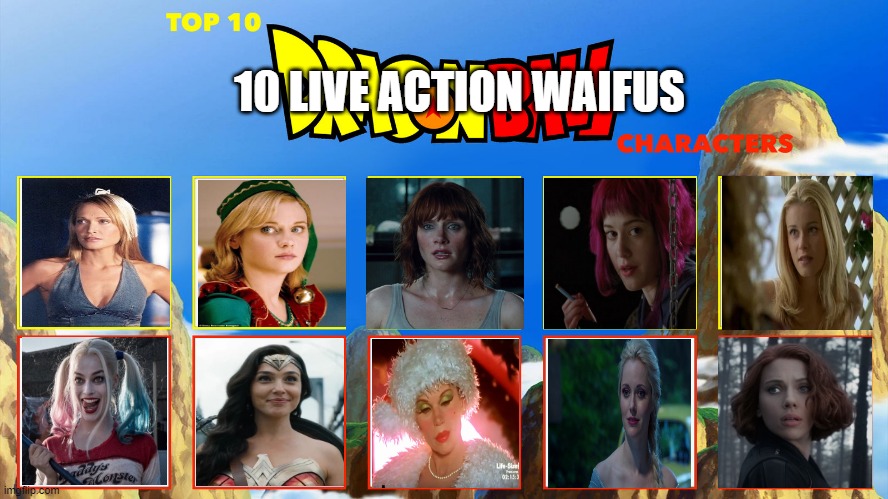 top 10 dragon ball z characters | 10 LIVE ACTION WAIFUS | image tagged in top 10 dragon ball characters,waifu,dragon ball z,mermaid,dc comics,black widow | made w/ Imgflip meme maker
