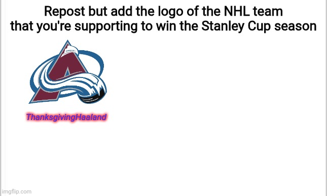 white background | Repost but add the logo of the NHL team that you're supporting to win the Stanley Cup season; ThanksgivingHaaland | image tagged in white background,memes,repost,nhl,hockey | made w/ Imgflip meme maker