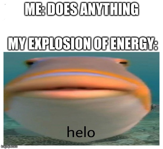 my infinite energy for no reason | ME: DOES ANYTHING; MY EXPLOSION OF ENERGY: | image tagged in helo fish | made w/ Imgflip meme maker