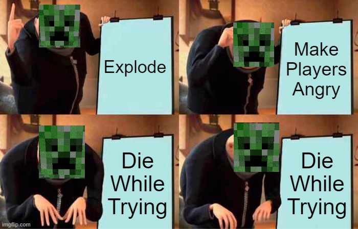 Gru's Plan | Explode; Make Players Angry; Die While Trying; Die While Trying | image tagged in memes,gru's plan | made w/ Imgflip meme maker