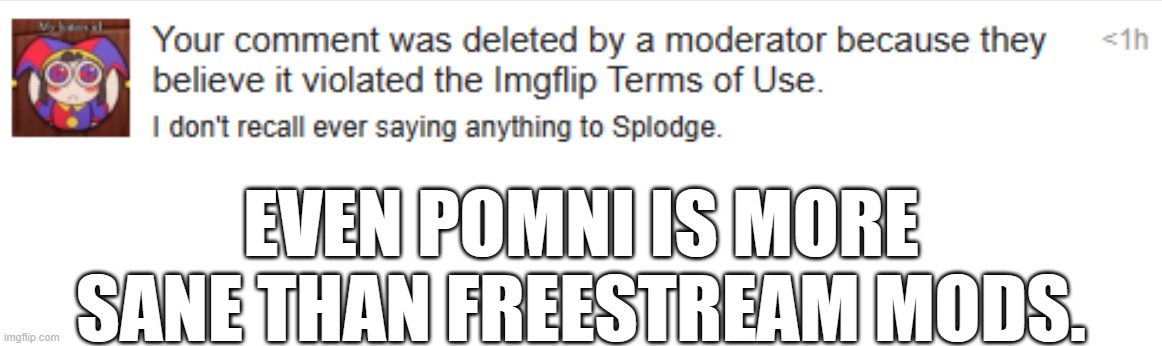 I'd really like to see these guys explain how this comment "violated the Terms of Use". | EVEN POMNI IS MORE SANE THAN FREESTREAM MODS. | made w/ Imgflip meme maker