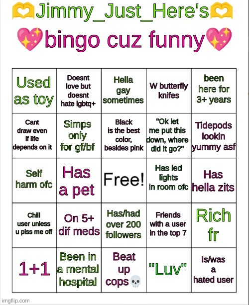 Jimmy_Just_Here's bingo | image tagged in jimmy_just_here's bingo | made w/ Imgflip meme maker