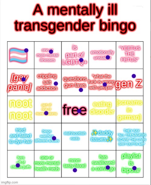 a mentally ill transgender bingo | image tagged in a mentally ill transgender bingo | made w/ Imgflip meme maker