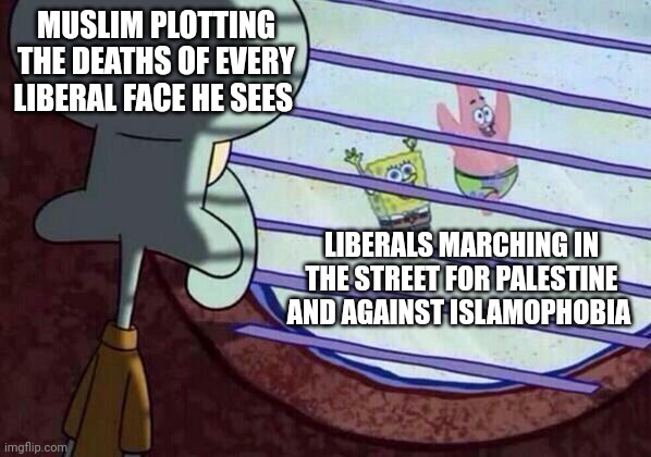 Squidward window | MUSLIM PLOTTING THE DEATHS OF EVERY LIBERAL FACE HE SEES; LIBERALS MARCHING IN THE STREET FOR PALESTINE AND AGAINST ISLAMOPHOBIA | image tagged in squidward window | made w/ Imgflip meme maker